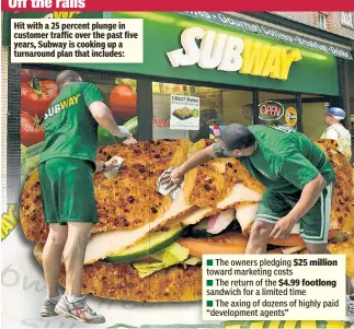  ??  ?? The owners pledging $25 million toward marketing costs
The return of the $4.99 footlong sandwich for a limited time
The axing of dozens of highly paid “developmen­t agents”