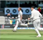  ??  ?? This time Neil Wagner is celebratin­g with both feet off the ground against Bangladesh, in contrast to his unusual dismissal in the Black Caps first innings at Hagley Oval