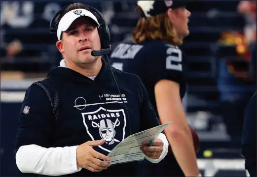  ?? STEVE MARCUS FILE ?? Las Vegas Raiders head coach Josh Mcdaniels watches from the sidelines during a loss to the Kansas City Chiefs on Jan. 1 at Allegiant Stadium.