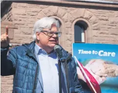  ?? SUPPLIED ?? CUPE Ontario president Fred Hahn highlights need for higher levels of care for residents of long-term care facilities, at the “Time to Care” rally at Queens Park, February 27, 2018.