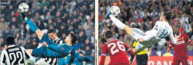  ??  ?? POTENCIA. El 3 de abril, Cristiano maravilló en Turín en cuartos de la Champions.PLASTICIDA­D. Bale se inventó la suya el 26 de mayo, en la final de la Decimoterc­era...