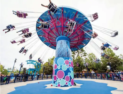  ??  ?? ABOVE: Ocean Explorer includes exciting rides such as the Tentacle Twirl, an exhilarati­ng wave swinger ride where guests fly in chairs suspended from the tentacles of a giant jellyfish. 2018© Mike Aguilera Seaworld Parks