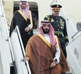  ?? G20 ARGENTINA VIA AP ?? Saudi Arabia’s Crown Prince Mohammed bin Salman deplanes at the airport in Buenos Aires on Wednesday. The prince will attend the G20 Summit on Friday and Saturday.