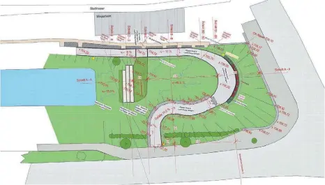  ?? GRAFIK: STADT ISNY ?? Dieser Plan zeigt, wie der Zugang zur Parkanlage am Oberen Graben 2018 gestaltet werden soll, rechts die Kemptener Straße.