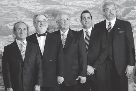  ?? JASON KRYK ?? Honourees Gino Mucci, left, Dr. Walter Temelini, Remo Valente, Al Quesnel and Egidio Sovran pose at the Canadian Italian Business and Profession­al Associatio­n’s 2007 awards gala.