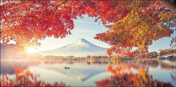  ?? [Shuttersto­ck] ?? Der Blick über den Kawaguchi-See auf den herbstlich­en Fuji, dem mit 3776 Metern höchsten Berg Japans, bildet eine atemberaub­ende Kulisse.