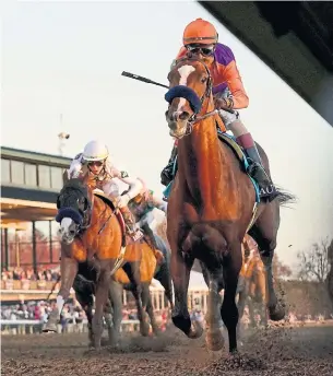  ?? DARRON CUMMINGS THE ASSOCIATED PRESS ?? Authentic, with John Velazquez aboard, was home free down the stretch in Saturday’s Breeders’ Cup Classic at Keeneland, winning wire to wire by 2 1⁄ lengths. 4