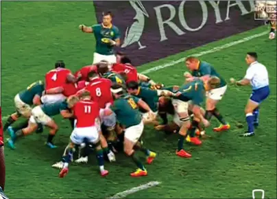  ??  ?? BACK TO FRONTS: Backs Ali Price, Robbie Henshaw and Duhan van der Merwe (No11) bundle in with the eight Lions forwards for an 11-man shove from the rolling maul to get the ball over the line and score a try