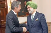  ?? (ANI) ?? Indian Ambassador T S Sandhu meets with US Secretary of State Antony Blinken in Washington on Thursday
