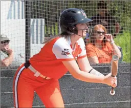  ?? Scott Herpst ?? Senior Skylar Eaton squares around to bunt during Saturday’s contest against Trion. LaFayette is currently 3-1 in Region 6-AAA after a blowout win over North Murray last week.