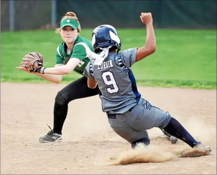  ?? RANDY MEYERS — THE MORNING JOURNAL ?? Lorain’s Talia Harris slides into second base safely and before the tag by Peyton Hahn of Westlake during a 2019game.