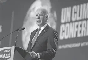  ?? EVAN VUCCI/AP FILE ?? President Joe Biden speaks during the “Accelerati­ng Clean Technology Innovation and Deployment” event at the COP26 U.N. Climate Summit on Nov. 2, 2021, in Glasgow, Scotland. The administra­tion says it is increasing royalty rates for oil and gas extracted from new leases on public lands.