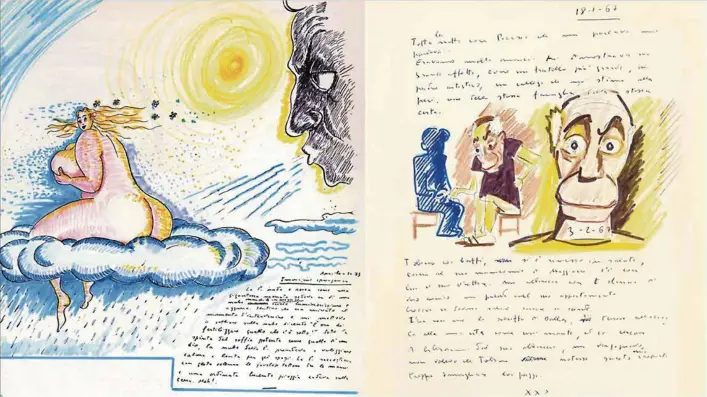  ?? (FLAMMARION) ?? Puisant dans la matière de ses rêves, Federico Fellini a échafaudé des scènes de ses films, donné forme à ses fantasmes ou encore croqué ses amis, comme ici, à droite, un certain Pablo Picasso.