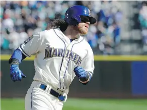  ?? — THE ASSOCIATED PRESS ?? Seattle’s Ben Gamel hit a two-run homer on Sunday in Seattle, breaking a string of 26 2/3 scoreless innings by Cleveland pitcher Corey Kluber.