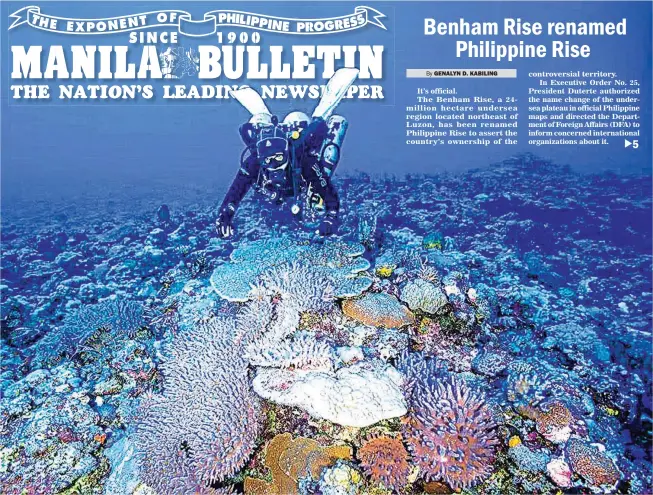  ??  ?? IT’S NOW PH RISE – Coral reefs found beneath a shallow part of Benham Rise are seen in this photo taken by Philtech Divers during an expedition mounted earlier this month by the Department of Agricultur­e (DA) and Bureau of Fisheries and Aquatic...