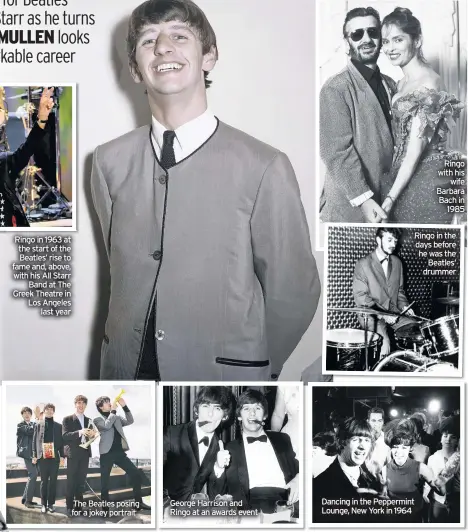  ??  ?? The Beatles posing for a jokey portrait
George Harrison and Ringo at an awards event
Ringo in the days before he was the Beatles‘ drummer
Dancing in the Peppermint Lounge, New York in 1964
Ringo with his wife Barbara Bach in 1985