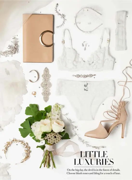  ??  ?? 1. Hera Bridal veil, $290. 2. Modes headpiece, $498. 3. Seed Heritage clutch, $70. 4. Jessica Bridal bracelet, $219. 5. Modes headpiece, $219. 6. Heidi Klum Intimates garter, $30. 7. Adoreher earrings, $141. 8. Stella McCartney bra, $90. 9. Jessica...