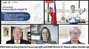  ?? ?? EDUCATION Undersecre­tary Alain Del Pascua (top right) and USAID Director Dr. Thomas Leblanc (bottom right) lead the milestone celebratio­n.