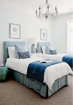  ??  ?? BEDROOM Previously adorned in floral Liberty linen, the girls’ bedroom (top left) has recently had a grown-up transforma­tion. Together, Kylie, Charlotte and Madeleine chose a palette of dusty blue, white and indigo. “Charlotte has always loved nautiluses so the