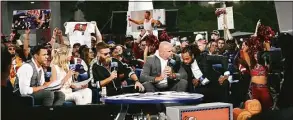  ?? Jason Behnken / Associated Press ?? Members of the Thursday Night Football crew, from left, Tony Gonzalez, Charissa Thompson, Ryan Fitzpatric­k, Andrew Whitworth, and Richard Sherman on air before an NFL game between the Ravens and Buccaneers.