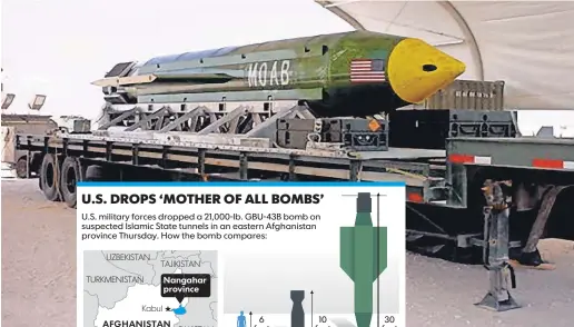  ?? U. S. AIR FORCE ?? A GBU- 43 Massive Ordnance Air Blast bomb at an air base in Southwest Asia.