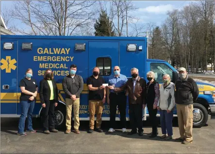  ?? PHOTO PROVIDED ?? A $267,000 Dockstader Charitable Trust grant covered the cost of this new ambulance and related equipment for Galway Emergency Medical Services, which serves Galway, Charlton and part of Providence. Celebratin­g the recent receipt of the new ambulance are, from left: Heather Jazwinski, corps 1st lieutenant; Beth Ruman, GEMS president; Bill Gorman Jr. and Dan Vancott of Gorman Emergency Vehicles; Michael Jazwinski, corps captain and COO; Erik Roy, treasurer of the Dockstader Charitable Trust; Julia Roy, president of the trust; and trust members Arlene Rhodes and Dusty Rhodes. The Dockstader­s were Galway village residents whose trust has benefited local and regional health-related programs and many community organizati­ons.