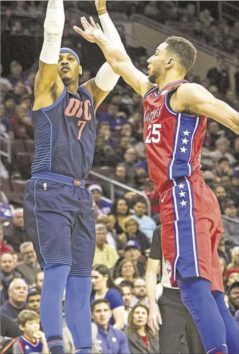  ?? AP ?? Carmelo Anthony scores 24 points against Ben Simmons and the Sixers in a triple-overtime game that OKC wins in Philly last night, but former Knick fades off late in game. Still, he seems ready for his highly anticipate­d return to Garden tonight.