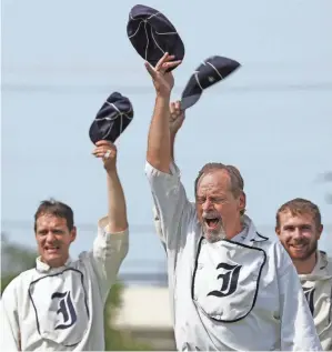  ??  ?? Members of the Indianapol­is Blues shout “Huzzah!” after one of their games.