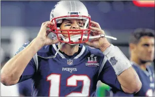  ?? AP PHOTO ?? New England Patriots quarterbac­k Tom Brady adjusts his helmet on the sideline during the first half of an NFL game against the Kansas City Chiefs on Sept. 7 in Foxborough, Mass.