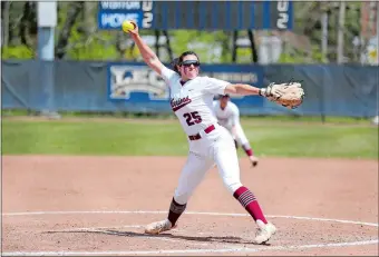  ?? PHOTO COURTESY OF ECSU ATHLETICS ?? Montville’s Alex Michon struck out 10 in 4.2 innings and earned her 18th win as the Warriors, ranked fourth in the nation, defeated Castleton 6-0 in the opening round of the Little East Conference softball tournament on Thursday in Mansfield.