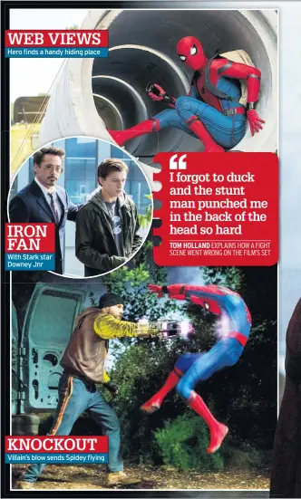  ??  ?? WEB VIEWS Hero finds a handy hiding place IRON FAN With Stark star Downey Jnr KNOCKOUT Villain’s blow sends Spidey flying