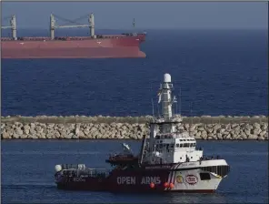  ?? (AP/Petros Karadjias) ?? A ship belonging to the Open Arms aid group, one of three loaded with canned food destined for Gaza, has returned Wednesday to the Cypriot port of Larnaca, Cyprus.