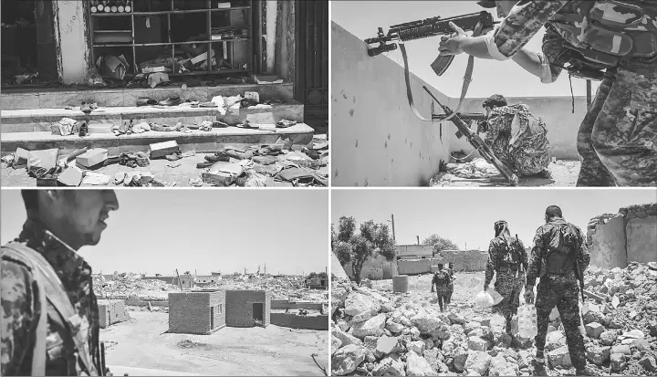  ??  ?? (Clockwise from top left) Shoes and clothing are strewn outside an abandoned shop in an eastern Raqqa neighbourh­ood. • In western Raqqa, Syrian Democratic Forces soldiers take aim on a minaret that they suspect holds an Islamic State sniper. • Syrian...