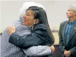  ?? PHOTOS BY LUIS SÁNCHEZ SATURNO THE NEW MEXICAN ?? Teresa Leger de Fernandez, right, an attorney representi­ng the petitioner­s for ranked-choice voting, hugs petitioner Anne Noss after Judge Thompson’s order to implement rankedchoi­ce voting.