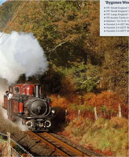  ?? RICHARD BELL ?? LEFT Autumn at its finest: Double Fairlie Merddin Emrys emerges from the the early morning mist as it climbs through the woods at Coed y Bleiddiau with a prototypic­al train of four wheel slate wagons.