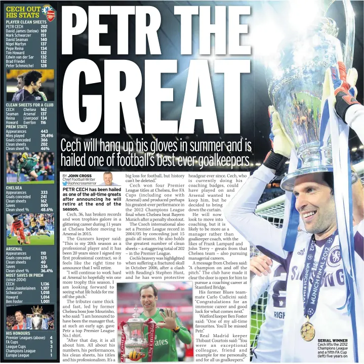  ??  ?? SERIAL WINNER Cech lifts the 2012 Champions League and a fifth FA Cup (left) five years on