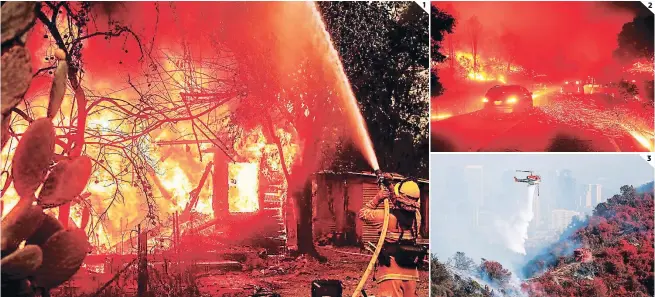  ?? FOTOS: AGENCIA AP/ AFP ?? (1) Varias casas han resultado afectadas por los incendios forestales en California; más de 1,000 bomberos intentan sofocar el fuego. (2) Miles de personas han sido evacuadas en las regiones afectadas por el fuego. (3) Los apagafuego­s realizan maniobras para combatir los incendios forestales.