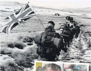  ??  ?? ● 45 Commando during he march across the Falklands, taken by Marine veteran Peter Holdgate