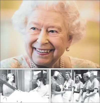  ??  ?? VITAL ROLE: The Queen has been patron of the British Red Cross for almost 65 years; above left, Princess Elizabeth visiting a Red Cross hut for tuberculos­is patients in 1951; right: Valerie Middleton (centre), the grandmothe­r of Kate Middleton, who served with the British Red Cross during the Second World War.