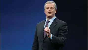  ?? (AP/Darren Abate) ?? NCAA President Charlie Baker speaks at the NCAA Convention in San Antonio in January. The NCAA wants Congress to enact a federal law to overrule state laws in 30 states governing NIL payment rights as a safeguard for the earning rights of players. “College sports are a uniquely powerful and beloved institutio­n,” Baker said.