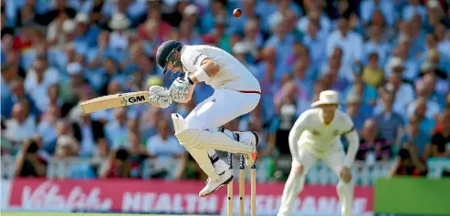  ?? PHOTO: GETTY IMAGES ?? Current England captain Joe Root takes evasive action against Mitchell Johnson during the 2015 Ashes series.