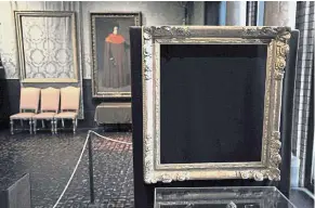  ??  ?? Artful thievery: Empty frames from which thieves took ‘Christ in the Storm on the Sea of Galilee’ (background) and ‘ The Concert’ remain on display at the art museum in Boston. — AP