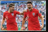  ?? ?? BOND AT THE BACK Stones helps Maguire celebrate his goal against Sweden in 2018 and in action against Denmark, 2021