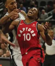  ?? RONALD CORTES/GETTY IMAGES ?? Raptor DeMar DeRozan paid a price in Monday night’s loss to the Spurs and is iffy to face the champion Warriors.