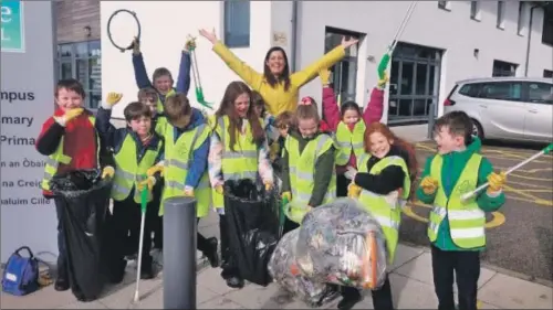  ??  ?? Rockfield Primary’s Gaelic unit volunteers were happy with their Big Clean Up efforts.