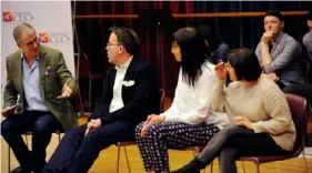  ?? Matt Polk ?? Mark Fleischer, left, leads a talk-back in 2018 with the “Up and Away” creative team of writer Kevin Hammonds, composer Kristin Bair and director Marlo Hunter. Fleischer is the Pittsburgh CLO’s new executive producer.