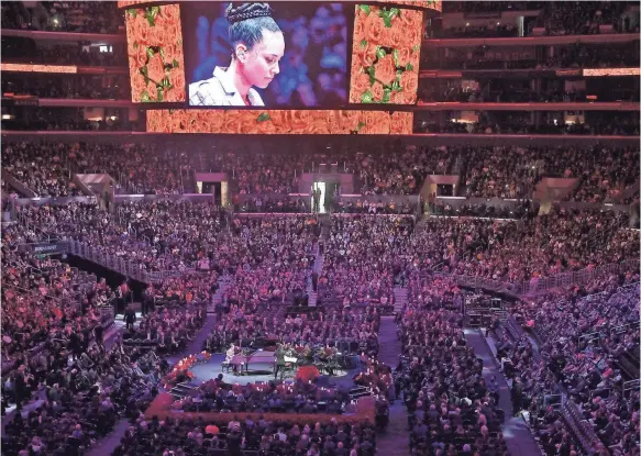  ?? ROBERT HANASHIRO/USA TODAY SPORTS ?? Alicia Keys performs Beethoven’s “Moonlight Sonata,” which was a personal favorite of Kobe Bryant’s, during the memorial Monday to celebrate the life of Bryant and daughter Gianna at Staples Center in Los Angeles.