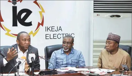  ??  ?? L-R, Chief Executive Officer, Ikeja Electric, Dr. Anthony Youdeowei; Chairman, Senate Committee on Power, Steel Developmen­t and Metallurgy, Sen. Enyinnaya Abaribe, and committee member, Senator Adamu Aliero, during the oversight visit of the Senate Committee to Ikeja Electric Headquarte­rs in Lagos…yesterday