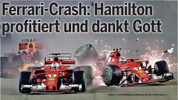  ?? EPA ?? Vettel (l.) und Räikkönen kollidiere­n vor der ersten Kurve.