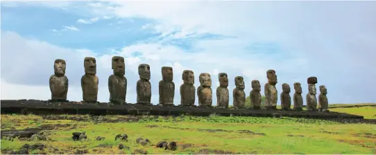  ??  ?? line up Rapa Nui, or Easter Island, is home to 900 of these mysterious monolithic sculptures known as moai